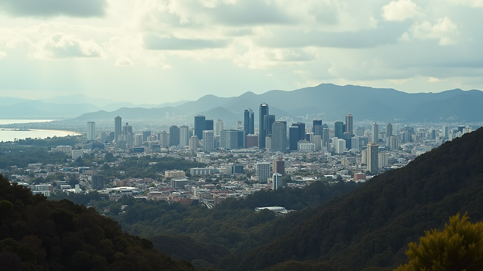 Eye-level view of Wollongong city skyline with mountains in the background