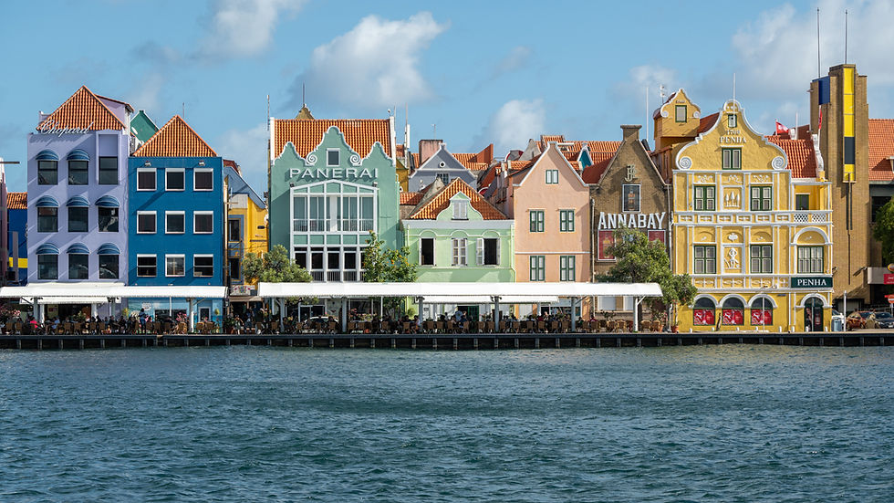 Colorful gabled waterfront buildings and terraced cafés along Handelskade in Willemstad, Curaçao.