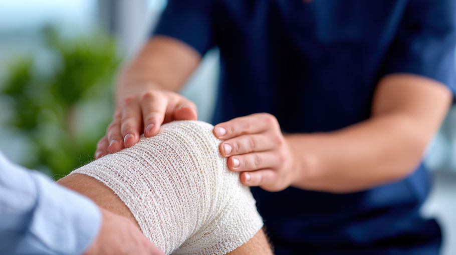 Physical therapist wrapping a patient's knee