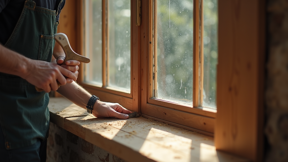 Eye-level view of a craftsman restoring a wooden window frame