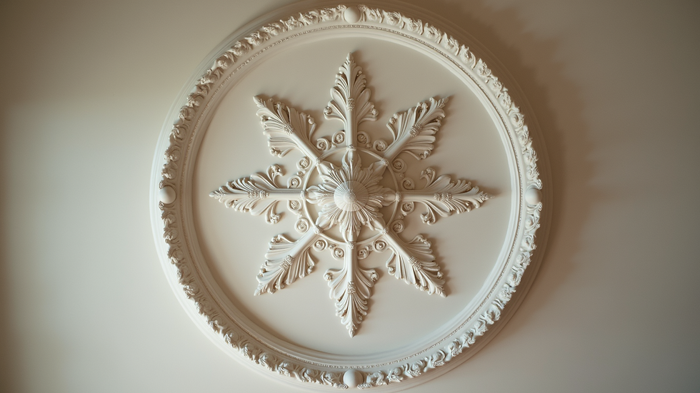 Close-up view of ornate ceiling medallion with intricate plasterwork