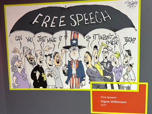 Image of free speech from the Liberty Museum. It depicts a lot of people under the umbrella labeled "free speech," all saying "can you just move it so it doesn't cover them?"