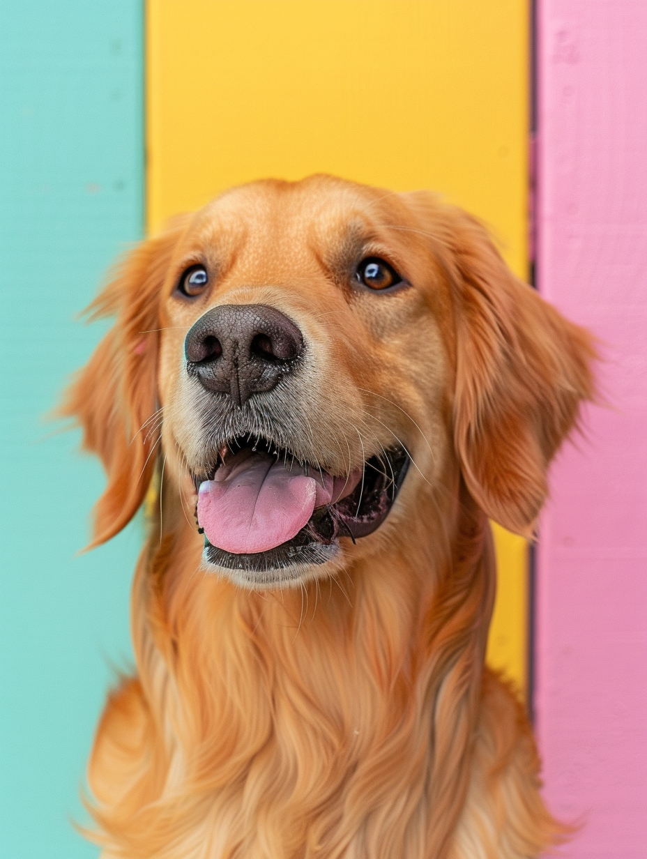 A Golden Retriever posed against a pastel yellow and teal background, emphasizing its shedding fur.