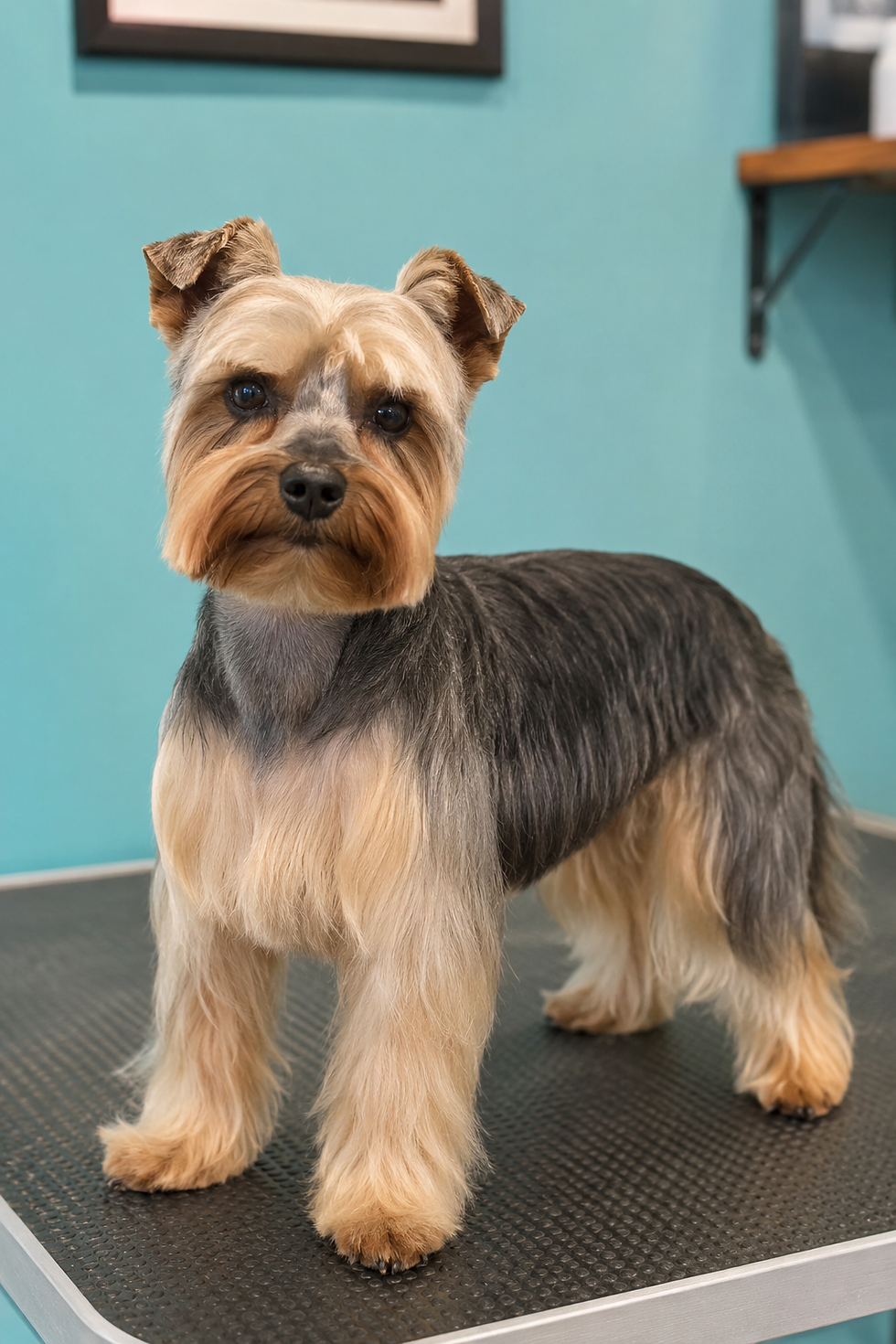 Yorkshire terrier stands on a grooming table in a teal room, looking alert and calm.