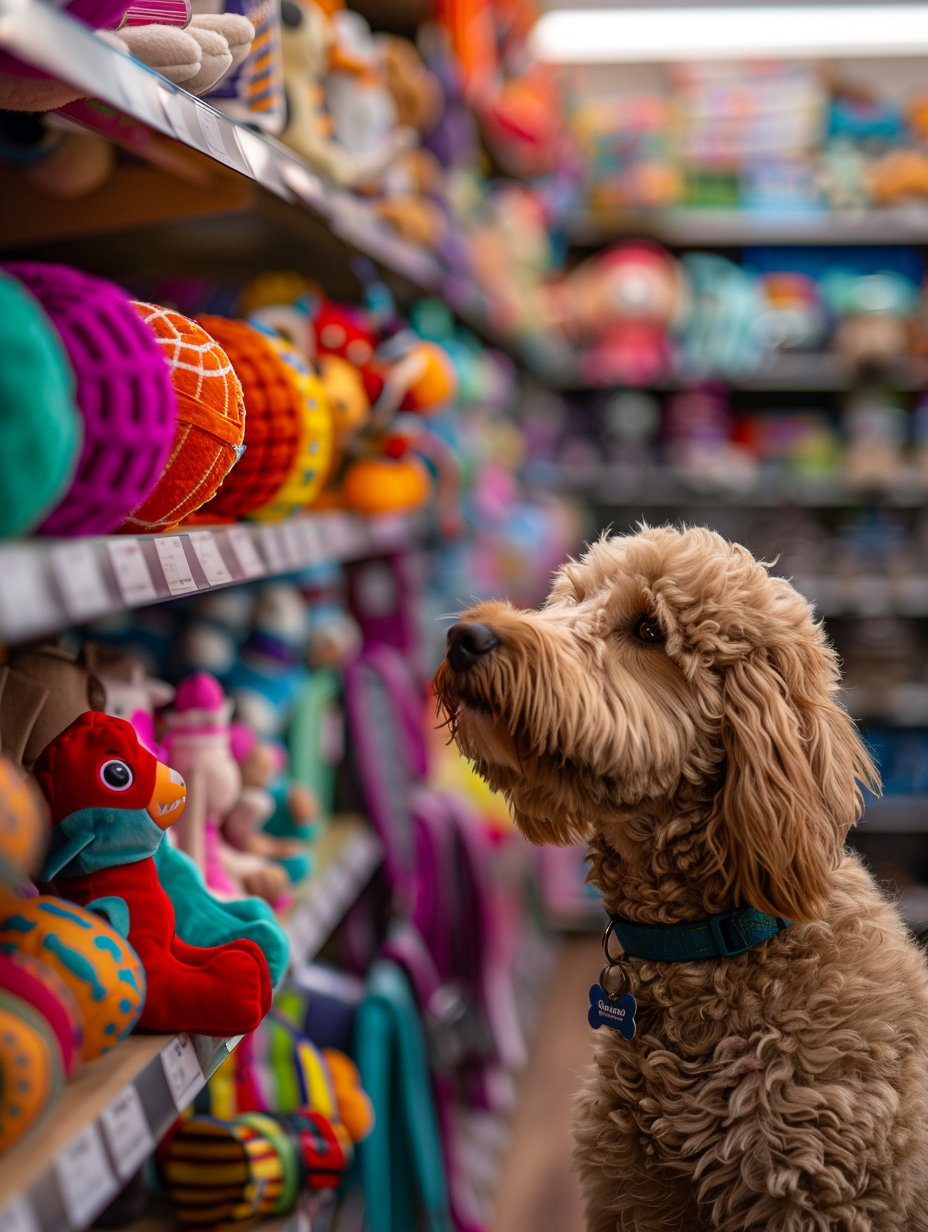 Curious doodle in a pet store aisle, eyeing an array of best toys for Goldendoodles.