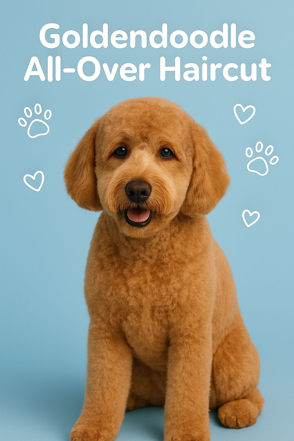Goldendoodle with neat haircut sits on blue background. Text reads "Goldendoodle All-Over Haircut," surrounded by paw and heart icons.