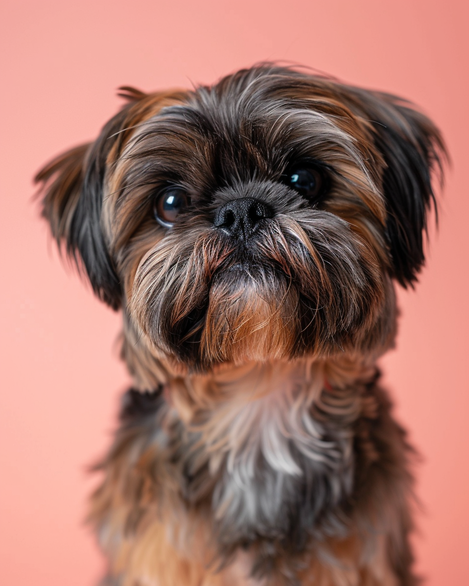 Brindle Shih Tzu showcasing the elegant Square Head Cut, highlighting its distinct facial features with precise, geometric styling.