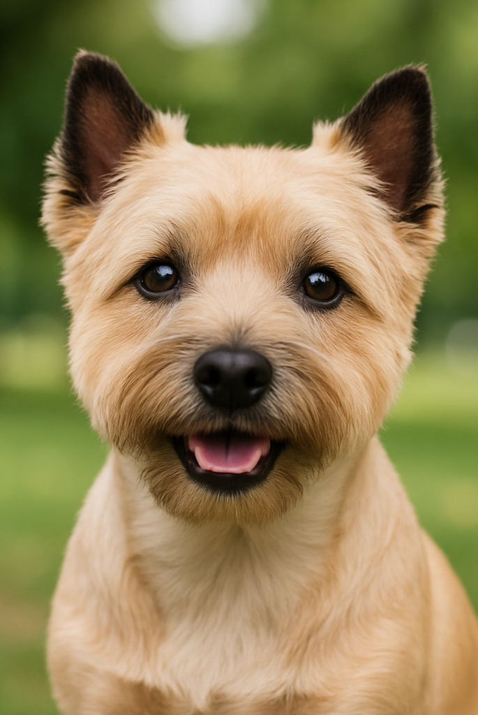 Happy Cairn Terrier with ears perked up, sitting in a green grassy park. Mouth slightly open, creating a cheerful expression.