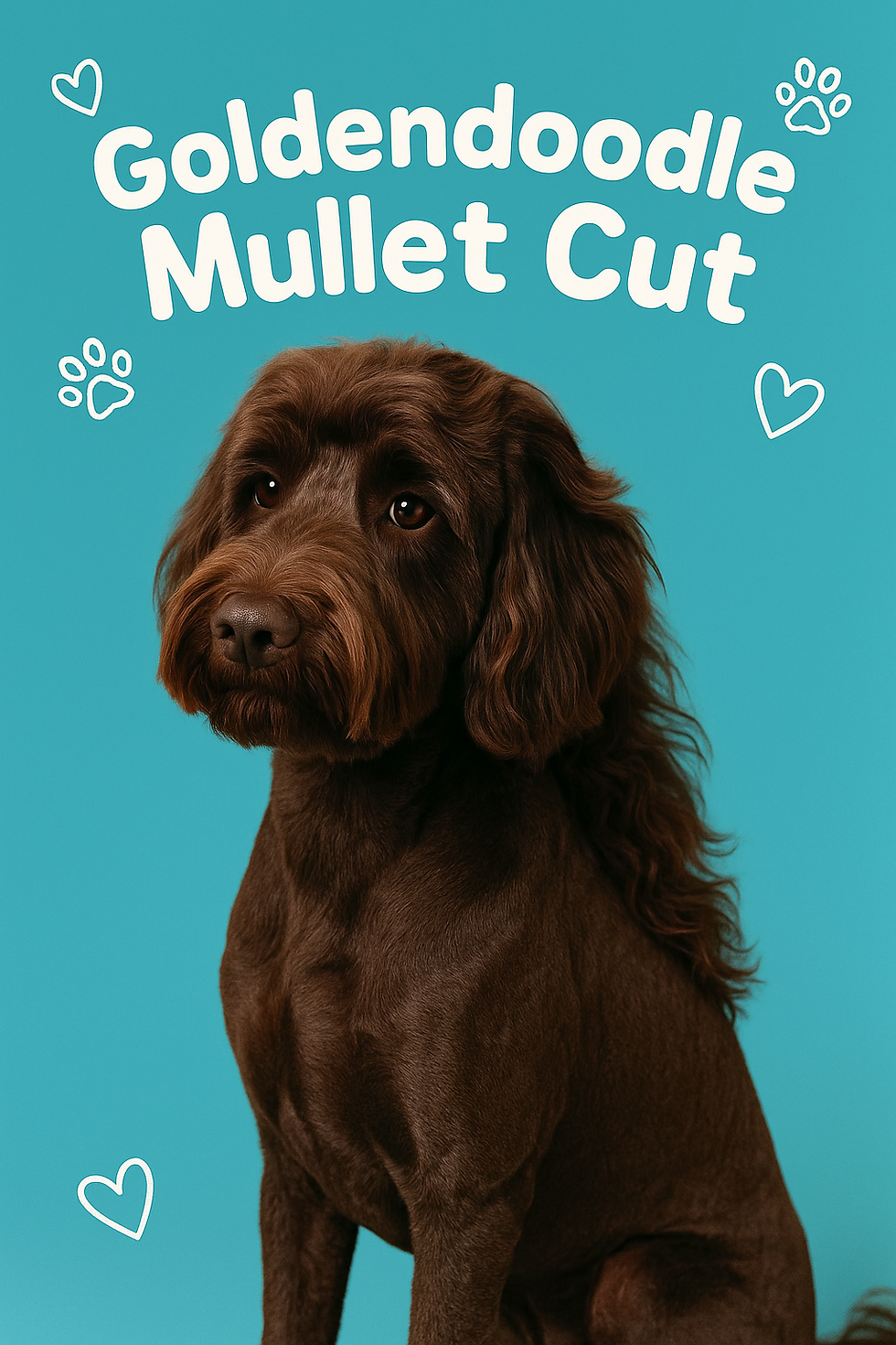 Brown dog with a mullet haircut on a teal background. Text reads "Goldendoodle Mullet Cut" with paw and heart icons.