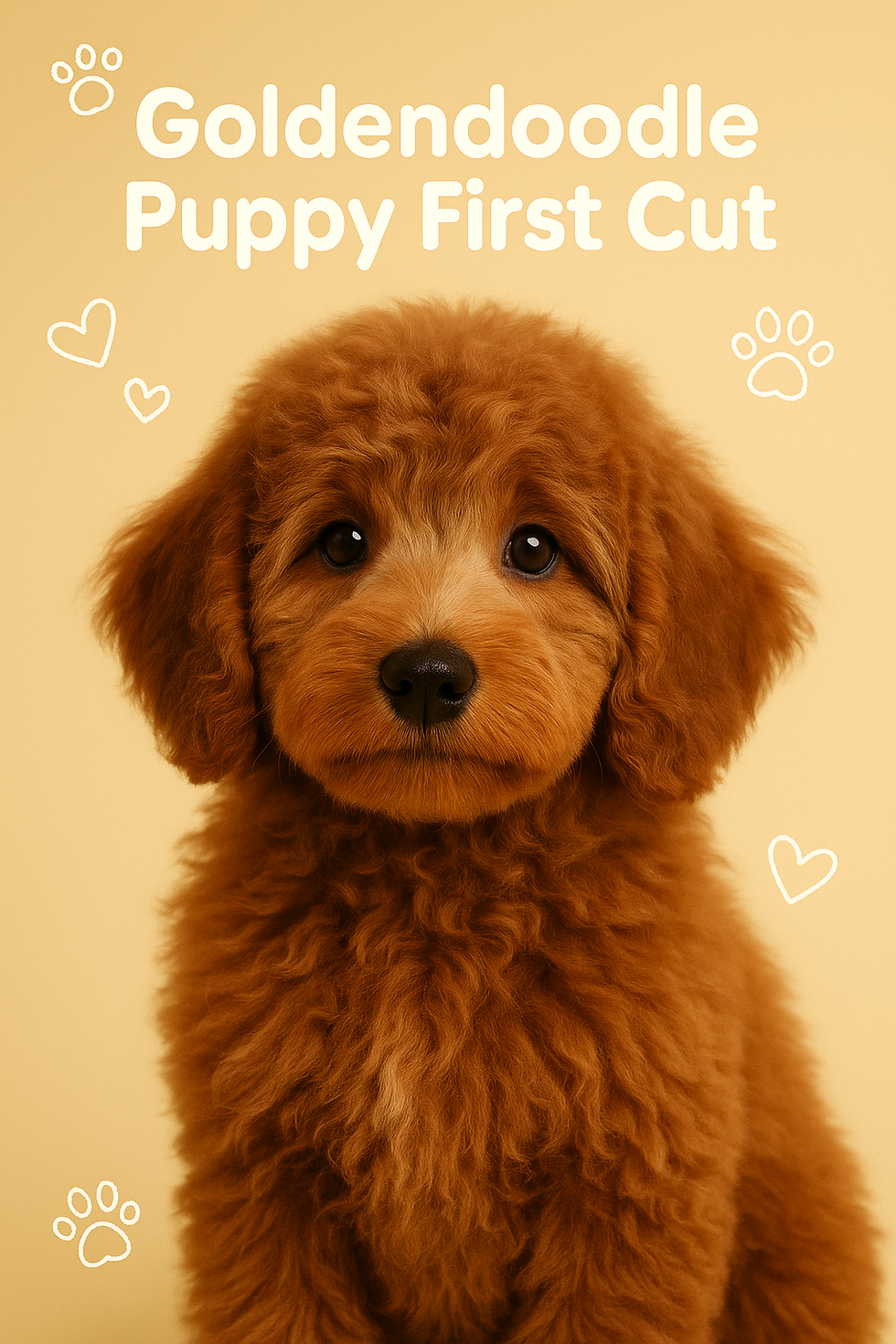 Adorable Goldendoodle puppy on yellow background with hearts and paw prints. Text above reads "Goldendoodle Puppy First Cut."