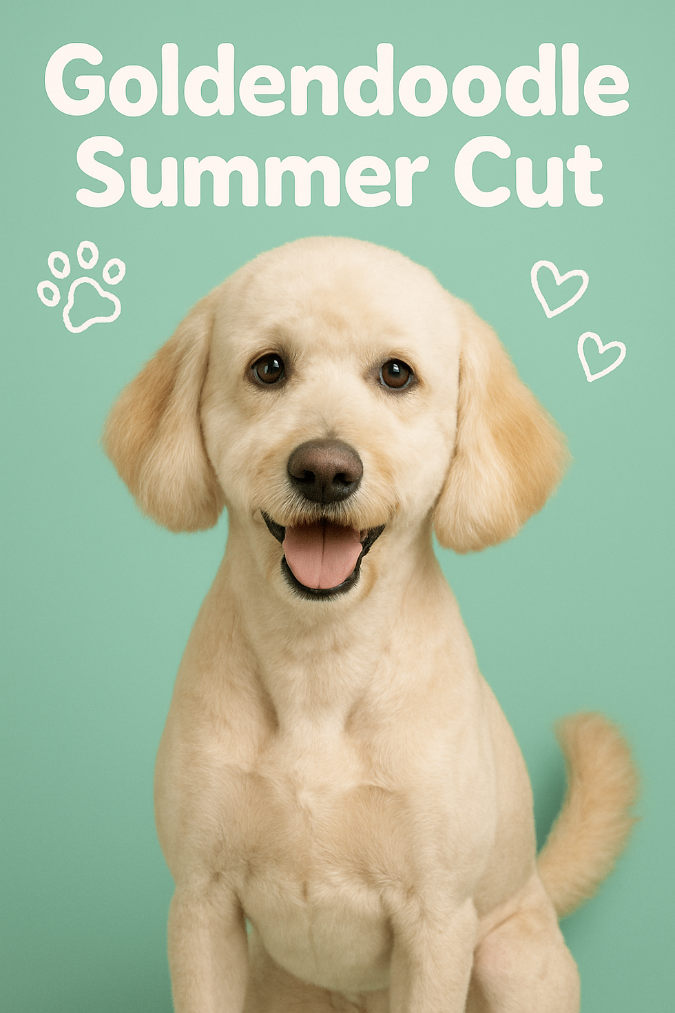 Fluffy Goldendoodle with a summer cut, smiling against a mint green background. Text reads "Goldendoodle Summer Cut" with paw and heart icons.