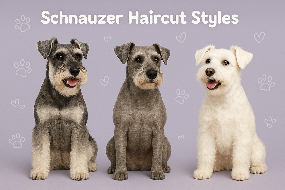 Three Schnauzers with different haircuts sit happily on a purple background. Text reads Schnauzer Haircut Styles, with paw prints and hearts.