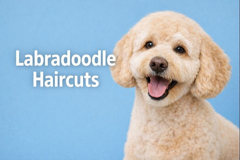 A chocolate Labradoodle with a fluffy, well-groomed coat sits happily on a grooming table. The dog has a shiny, curly fleece coat that is neatly trimmed, showcasing its playful personality and adorable appearance. The Labradoodle’s bright eyes and cheerful expression reflect its friendly and energetic nature, capturing the essence of a freshly groomed pet ready for its next adventure.