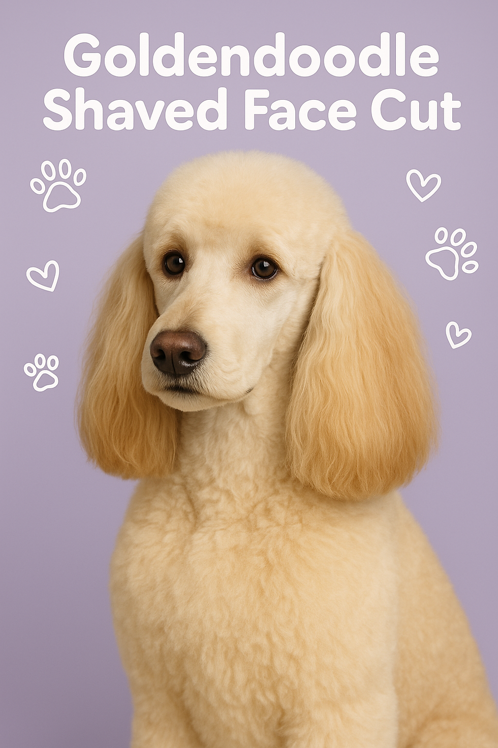 Goldendoodle with shaved face cut, set against a purple background. Text reads "Goldendoodle Shaved Face Cut" with paw and heart icons.