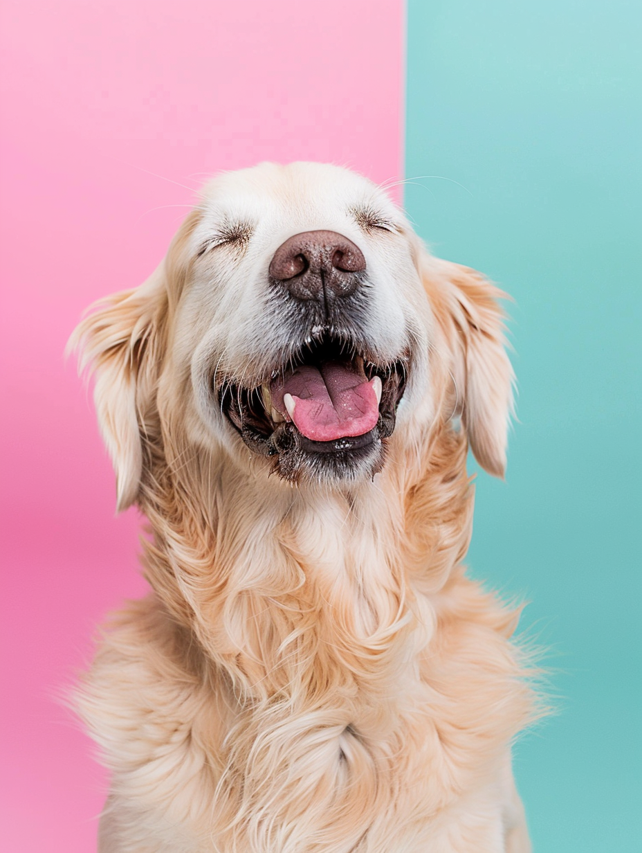 A happy Golden Retriever posed against a pastel pink and teal background, showcasing its thick, shedding coat.