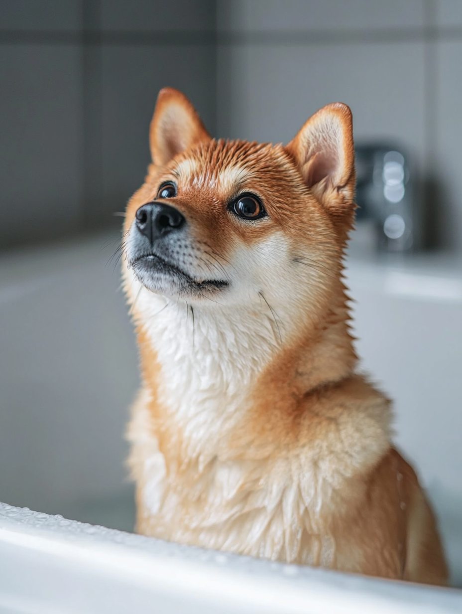 A wet Shiba Inu sitting in a home bathtub, illustrating the importance of regular bathing to control shedding.