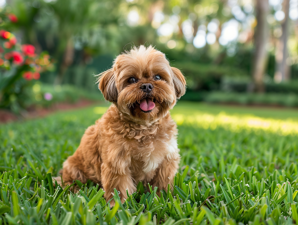 A cheerful Shih Tzu sitting on lush grass, showcasing the results of exceptional pet grooming near South Fork, Riverview, Florida.