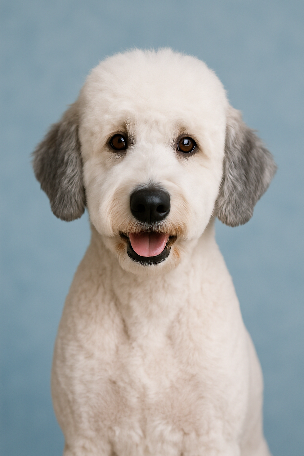 Sheepadoodle Summer Cut smiling against a light blue background. The mood is happy and cheerful.