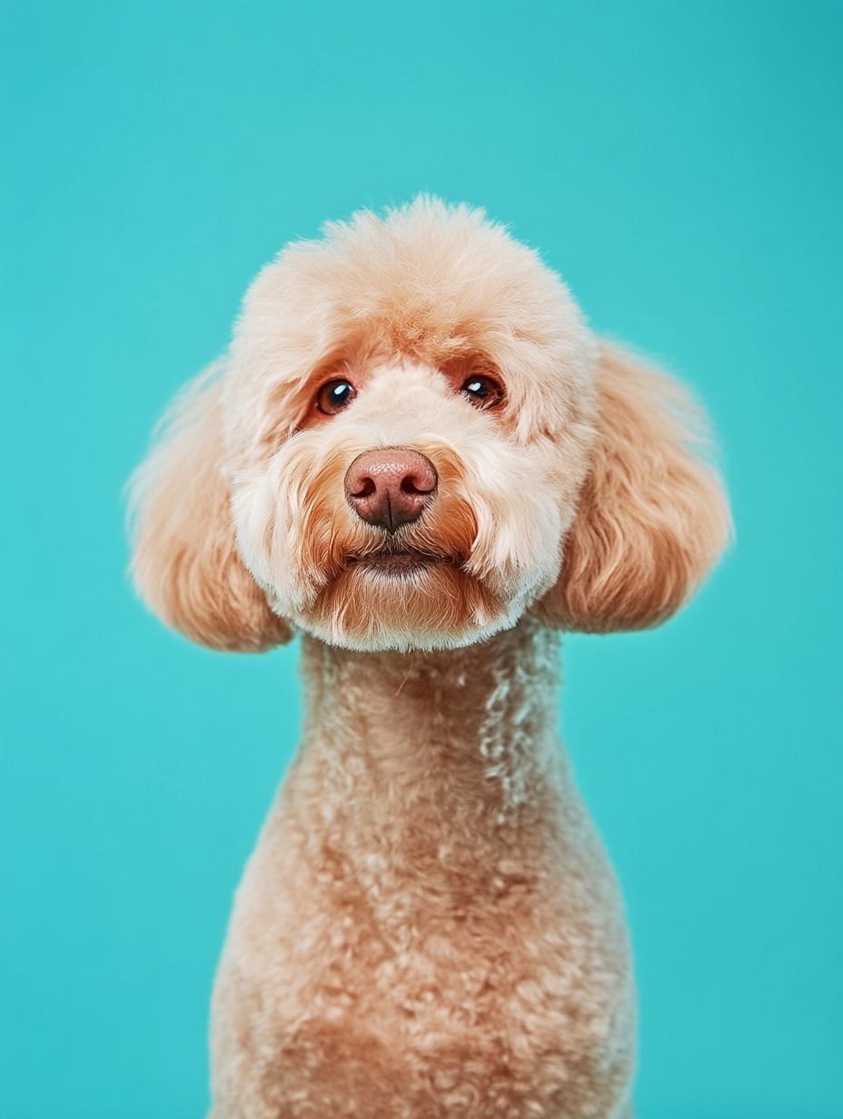 A blonde Labradoodle with a soft, curly coat stands on a grooming table, freshly groomed and looking vibrant. The dog’s coat is fluffy and well-maintained, with light golden curls that frame its face, highlighting its warm, friendly eyes and gentle expression. The neatly trimmed fur showcases the Labradoodle's playful and affectionate demeanor, capturing the essence of a happy, healthy pet enjoying its grooming session.