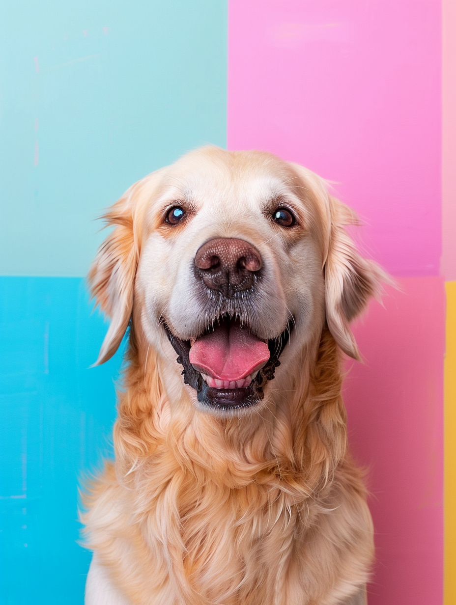 A Golden Retriever posed against a pastel pink and teal background, highlighting its shedding fur.