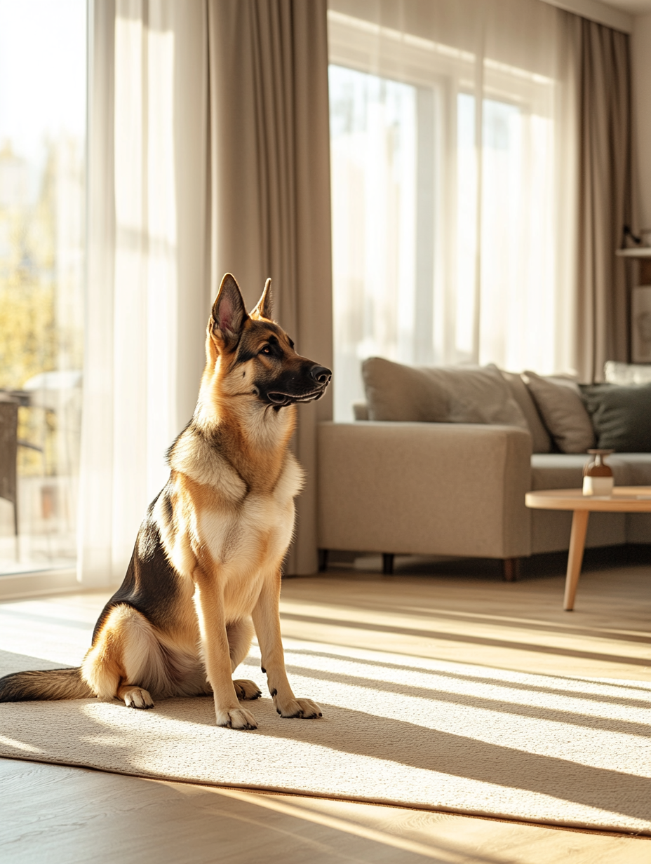 A German Shepherd with a well-maintained coat enjoying a clean home environment—highlighting the importance of managing shedding.