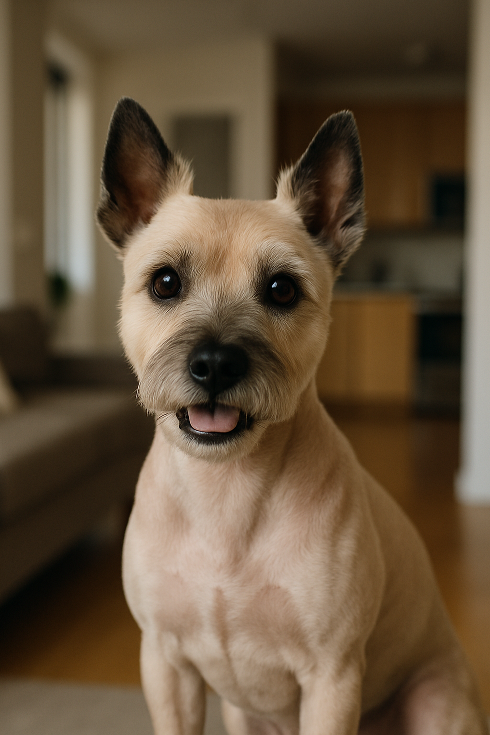 Close-up of a Cairn Terrier with alert ears and a happy expression, sitting in a cozy living room with a soft-focus background.