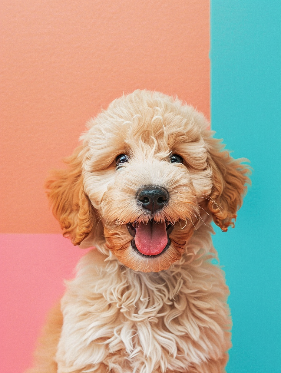 Happy Goldendoodle with a colorful split background, joyfully anticipating the best toys for Goldendoodles.