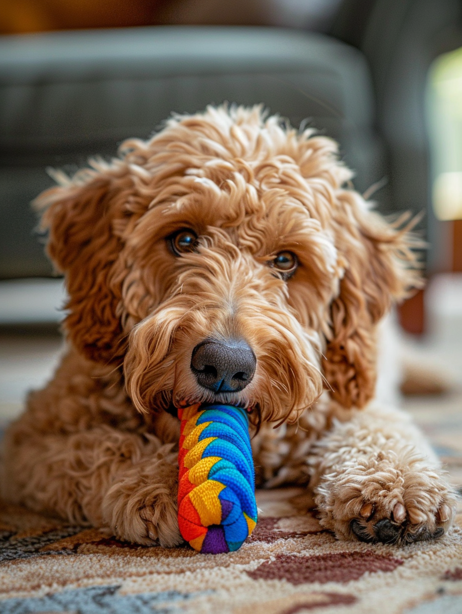 Goldendoodle lying down indoors with a colorful rope toy, exemplifying best toys for Goldendoodles.