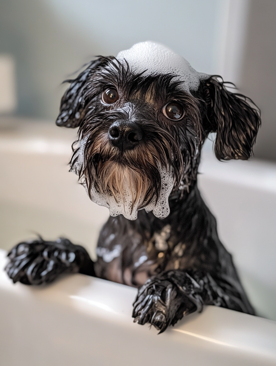 Wet dog in a bathtub with soap suds on its head, looking curious. The bathroom setting is softly lit, creating a playful mood.