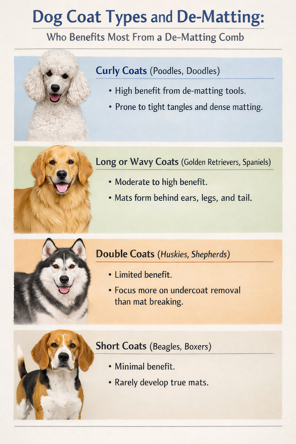 Guide on dog coat types and de-matting tools, showing curly, long, double, and short coats with benefits and care tips for each type.