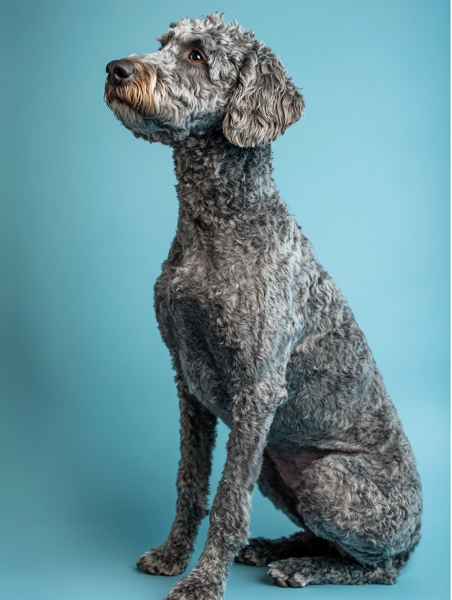 A grey Labradoodle with a freshly shaved coat sits calmly, displaying the results of a matted shave-down. The coat is closely trimmed to the skin, revealing a short, even length that helps alleviate discomfort from severe matting. The dog's face retains a bit of softness around the eyes, but the rest of the body has been shaved down for a clean, practical look. The Labradoodle appears relaxed and comfortable, showing that a matted shave-down can provide much-needed relief and a fresh start for a healthier coat.