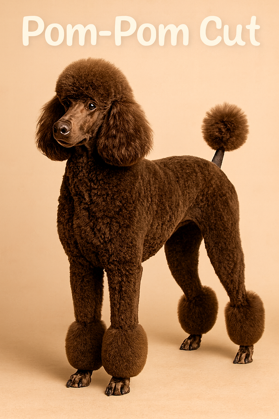 Brown Standard poodle with a fluffy pom-pom cut stands against a beige background. "Pom-Pom Cut" text above. The dog appears groomed and calm.