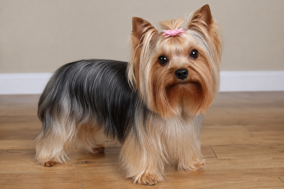 Three Yorkies with different haircuts are lined up against a blue background. Text above reads "Yorkie Haircut Styles."