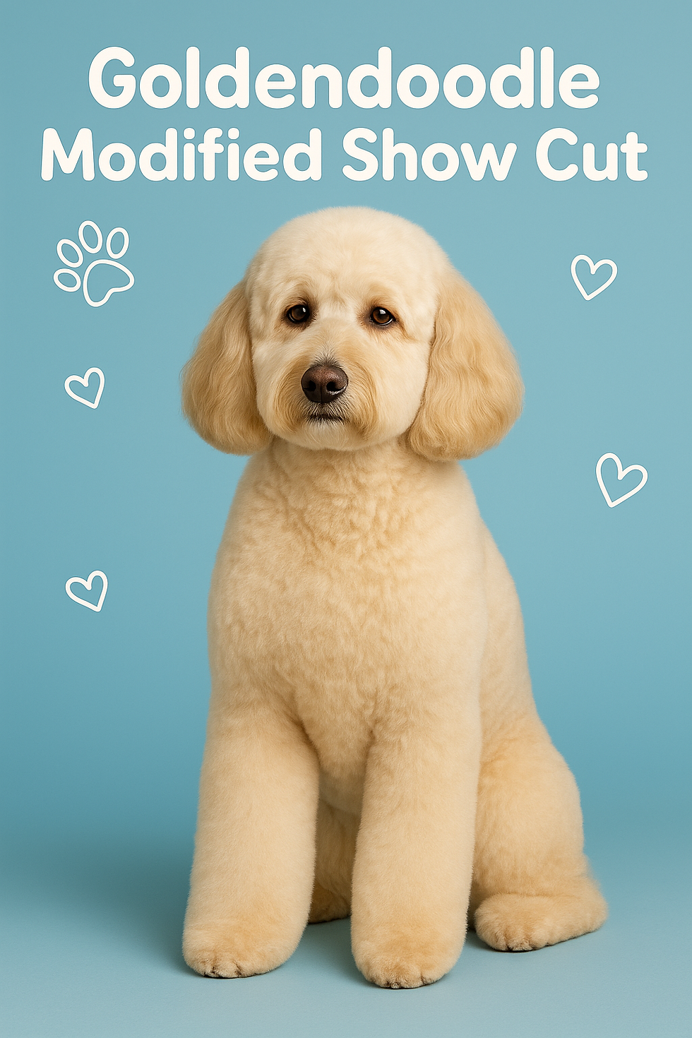 Fluffy Goldendoodle with a modified show cut sits against a blue background. Text says "Goldendoodle Modified Show Cut" with paw and heart icons.