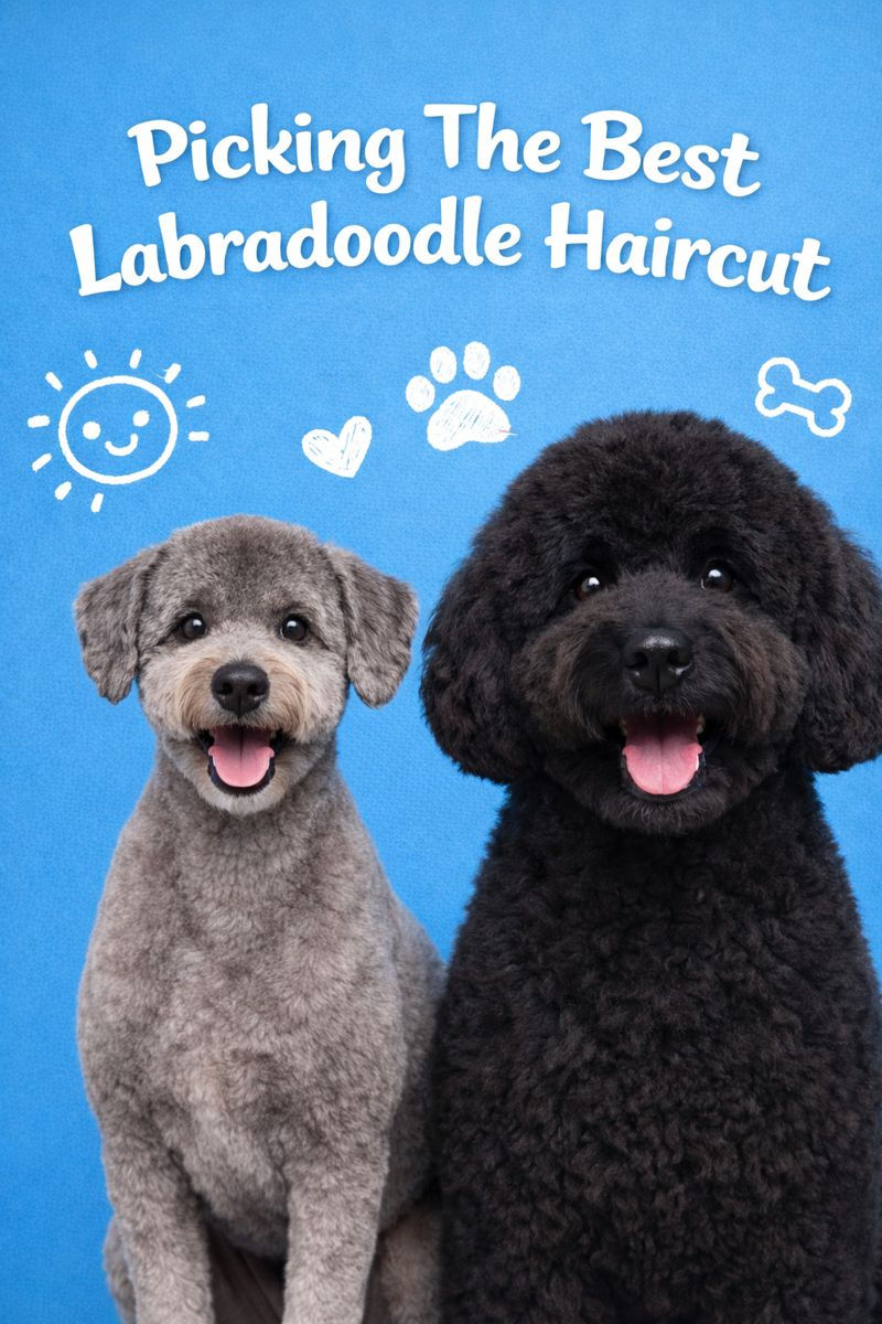 A Labradoodle with an all-over haircut sits calmly, showcasing a uniform trim across its entire body. The coat is evenly cut to a moderate length, giving the dog a neat and tidy appearance while maintaining a soft, textured look. The face is slightly longer and rounded, complementing the overall balanced style. The Labradoodle’s friendly expression and well-groomed coat highlight the simplicity and practicality of the all-over haircut, perfect for easy maintenance.