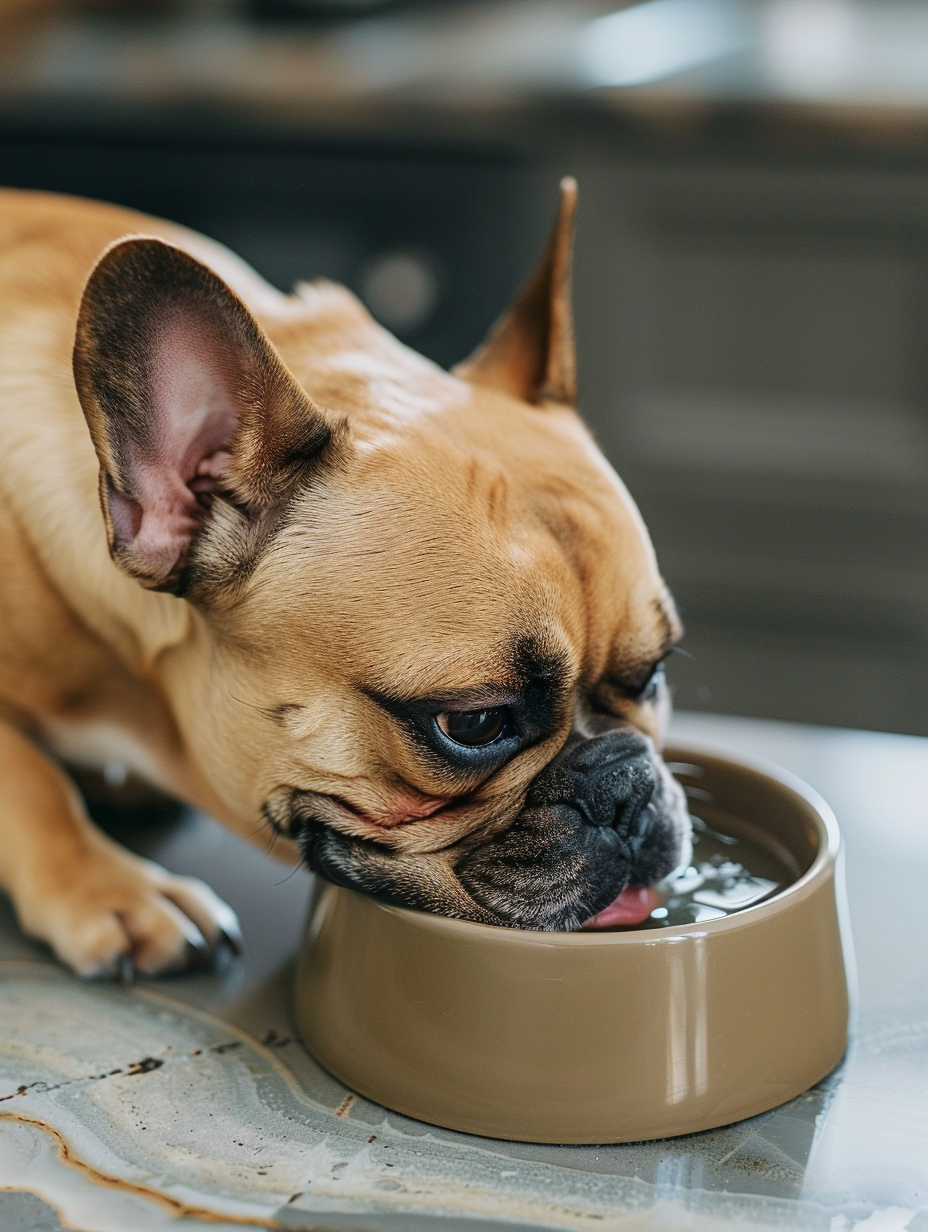 French Bulldog drinking water from a tan bowl, illustrating the essential care step of hydration for preventing a dry nose.