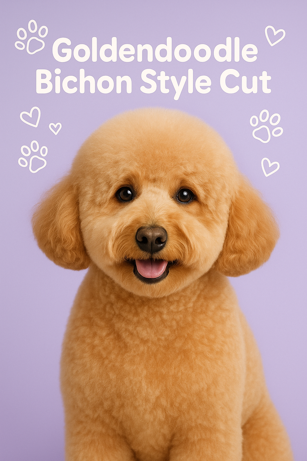 Fluffy golden doodle with a Bichon style cut against a purple background. White text and paw prints read "Goldendoodle Bichon Style Cut."