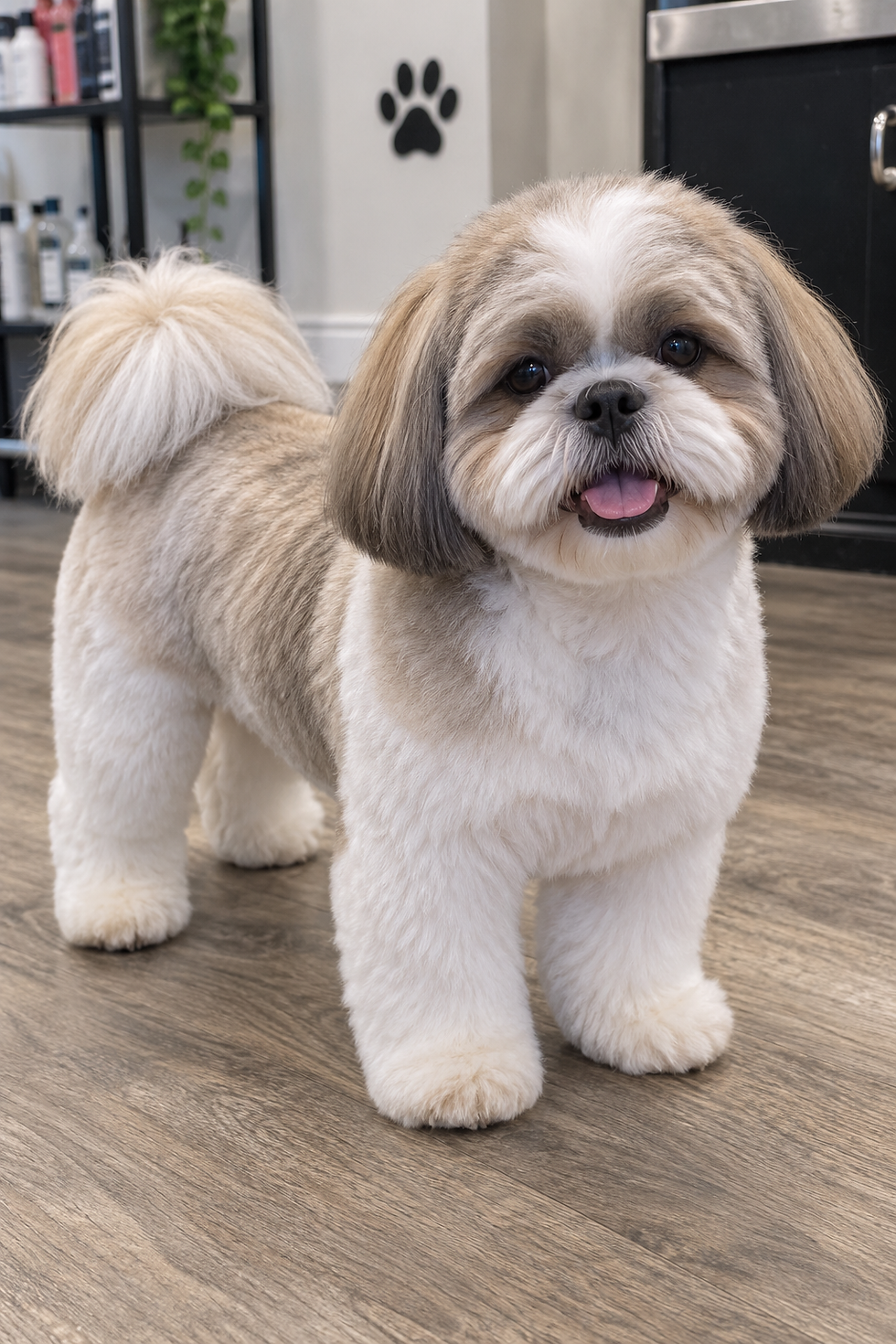 Fluffy white-and-tan Shih Tzu stands indoors on wood floor, panting happily near a paw-print wall sign.