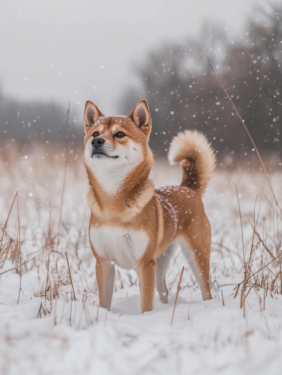 A Shiba Inu standing proudly in the snow, showcasing the thick double coat that helps with temperature regulation in cold weather.
