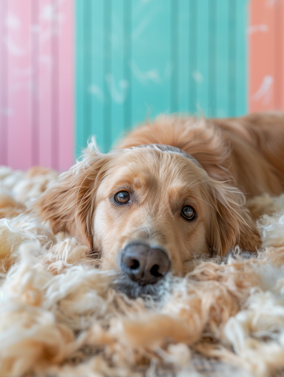 A Golden Retriever laying down with shed hair around it, illustrating the shedding process.