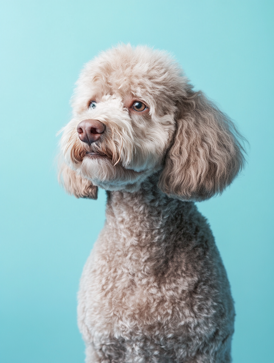 A Labradoodle with a Summer Cut sits against a light blue background, displaying a close, short trim that keeps the coat lightweight and manageable. The body is clipped short using a #7 or #5 blade, while the face is slightly longer, shaped into a soft, rounded style. The ears are left with a natural wave, adding a touch of fluffiness to the overall look. The cut emphasizes comfort and practicality, ideal for keeping the Labradoodle cool in warm weather while still maintaining a neat and tidy appearance.