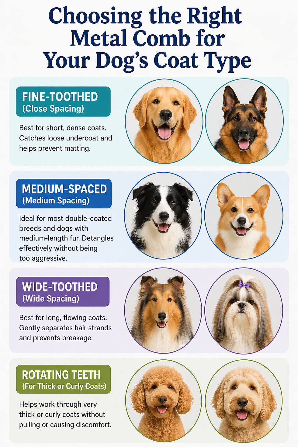 Infographic on choosing metal dog combs, with four comb types and dog breed photos for fine, medium, wide teeth and rotating teeth.