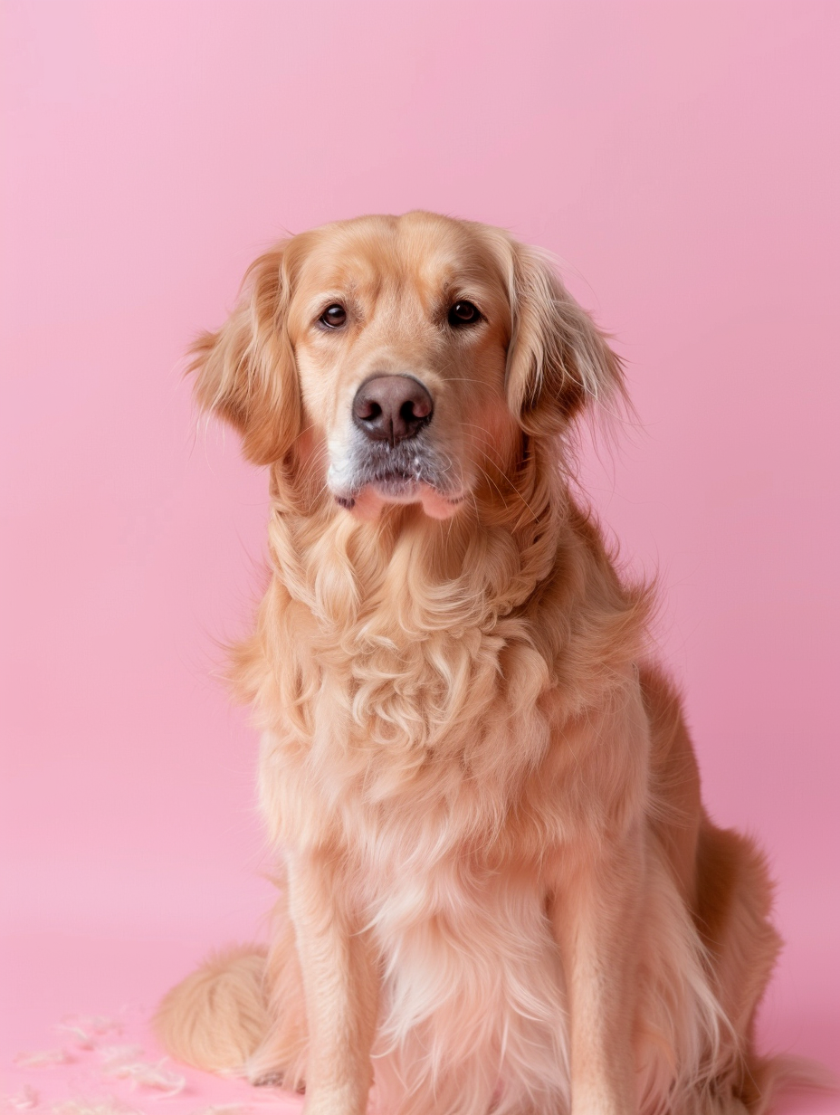 A Golden Retriever sitting against a pastel pink background with shed hair visible, demonstrating the effects of shedding.