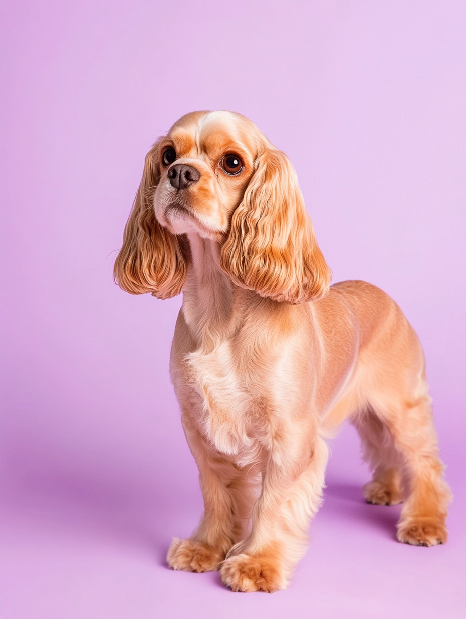 A full-body shot of an American Cocker Spaniel with a Short Classic Cut. The dog’s coat is neatly trimmed on the body, while the legs and ears are left slightly longer, giving a polished and traditional appearance. The ears are wavy and frame the face beautifully, and the overall look is clean and easy to manage. The dog is standing against a soft, pastel purple background, which complements its golden fur and highlights the neat, classic grooming style.