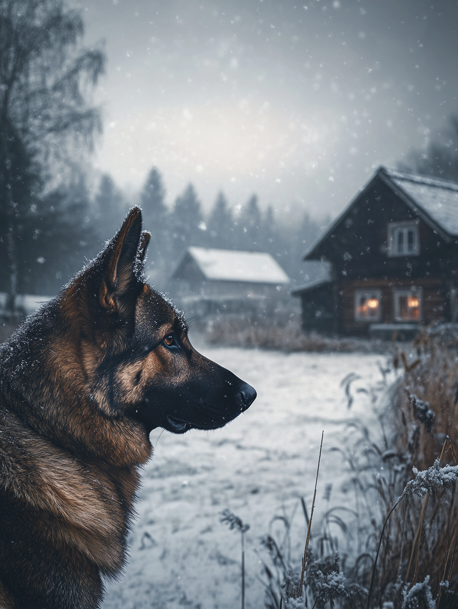 A German Shepherd in a snowy German landscape, with its double coat providing natural insulation—emphasizing the need for proper grooming to handle heavy shedding.
