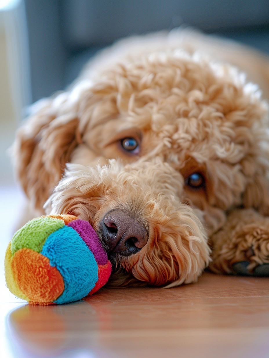 Goldendoodle resting its head on the floor, clutching a multicolored plush toy, perfect for Goldendoodles