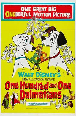 Poster of "101 Dalmatians" shows two large Dalmatians with smaller ones in background. Bold red and yellow text. Bright, lively mood.