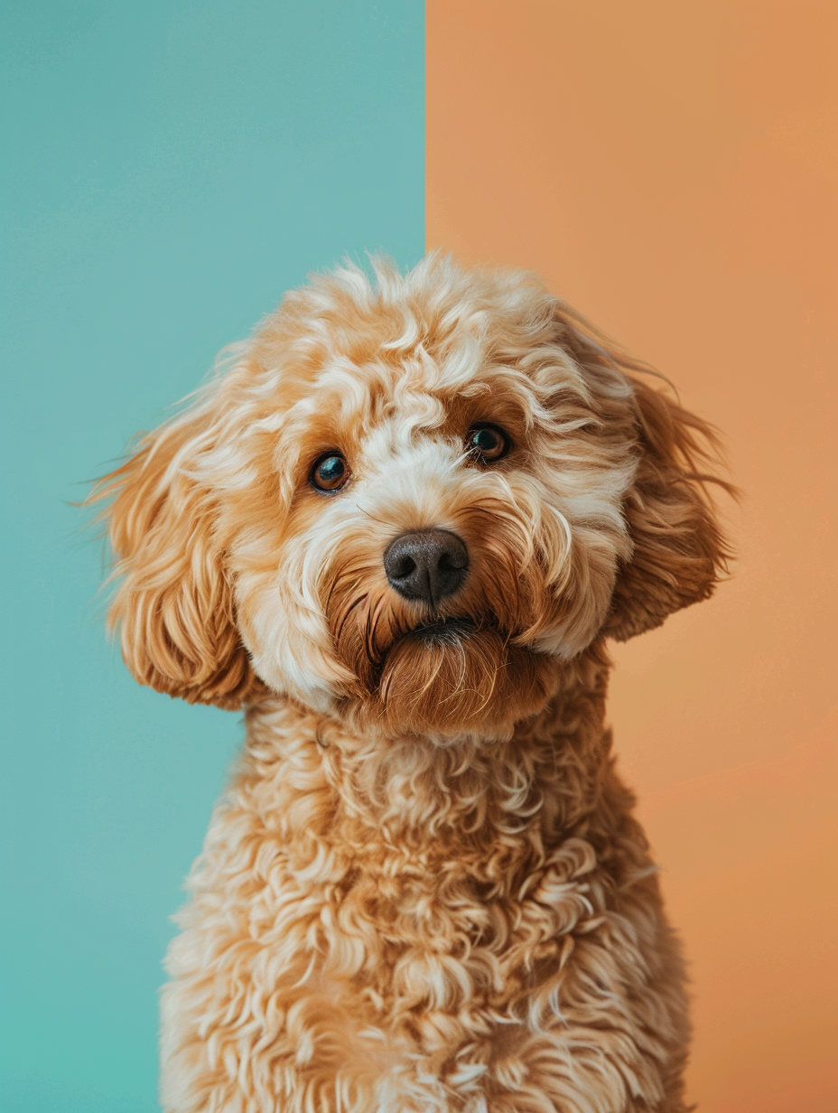Portrait of a Goldendoodle against a split-color background, representing best toys for Goldendoodles.