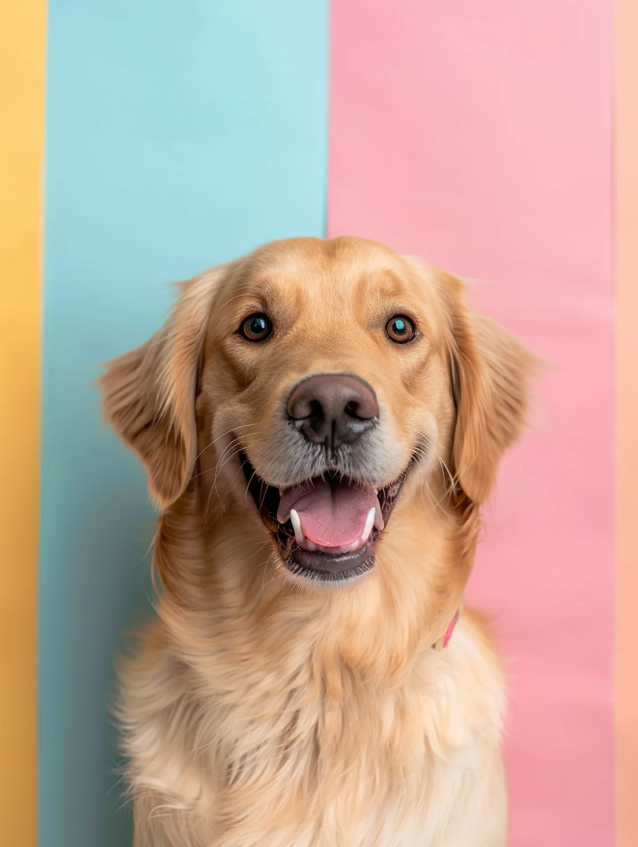 A photo of a happy Golden Retriever posed against a colorful background with pastel yellow, blue, and pink sections. The dog is facing the camera with a joyful expression, showcasing its friendly nature and beautiful coat.