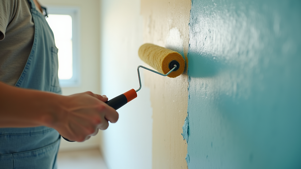 Close-up view of painter rolling paint on wall with a roller brush
